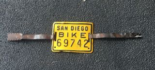 Vintage San Diego California Bicycle Tag License Plate Bike No.  69742