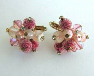 Vintage Marked Vendome Pink Aurora Borealis Clip - On Earrings
