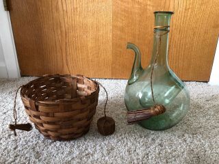 Italian Glass Green Wine Jug With Ice Chamber With Straw Stopper Basket Vintage