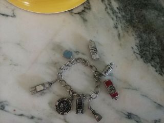 Vintage Silver Tone Charm Bracelet With 8 Charms,  Cars,  Stoplight,  Case,  Girl