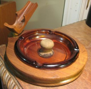 Vintage Decatur Deco Walnut Pipe Holder Caddie With Amber Glass Ashtray Tobacco