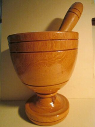 Vintage Large Solid 6 " Tall Wooden Mortar And Pestle Heavy - Euc