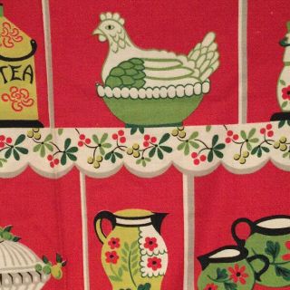 Vintage Mid Century Modern Fabric Kitchen Print Red W/ White Block Pattern