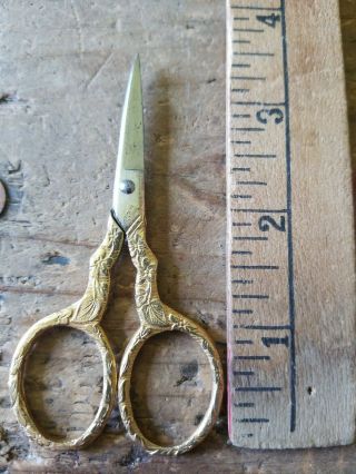 Rare Vintage Miniature Gold Handle Ornate Embossed Floral Sewing Scissors Tool