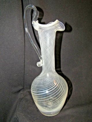 Vintage Fratelli Toso Zanfirico White & Clear Swirl Decanter Vase Pitcher 11 