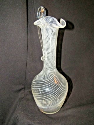 Vintage Fratelli Toso Zanfirico White & Clear Swirl Decanter Vase Pitcher 11 