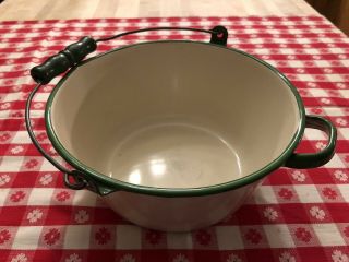 Vintage Cream And Green Enamelware Bowl/pan With Bail Handle
