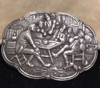 Vintage Jewellery Fabulous Silver Brooch Featuring A Repoussé Medieval Inn Scene 3