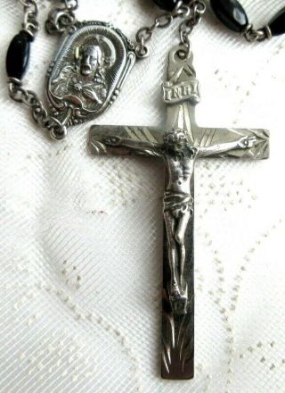 VINTAGE STERLING SILVER CRUCIFIX BLACK GLASS OR ONYX BEADS VINTAGE ROSARY 2