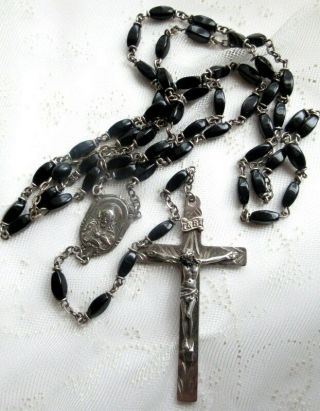 VINTAGE STERLING SILVER CRUCIFIX BLACK GLASS OR ONYX BEADS VINTAGE ROSARY 8