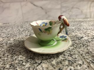 Vintage Miniature Parrot Teacup & Saucer Bird Handle Hand Painted Japan Greens