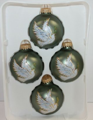 Krebs Ornaments Glass Ball Green White Peace Dove Olive Branch Pack Of 4 Vintage