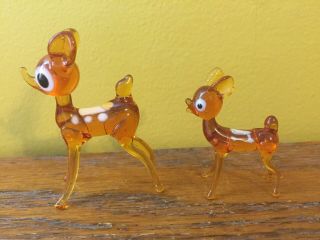 Set Of 2 Vintage Blown Glass Deer And Fawn Reindeer