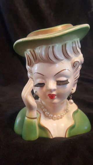 Vintage Head Vase Woman Green Lady 5 " Tall - Hat,  Hand Eyelashes 1950s Lefton