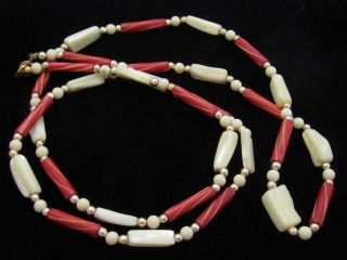 Vintage Mother Of Pearl Shell & Carved Red Cylinder Beads Necklace Jewelry A423