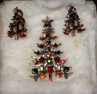 Vintage Signed Hollycraft Christmas Tree Rhinestone Brooch Pin & Earrings