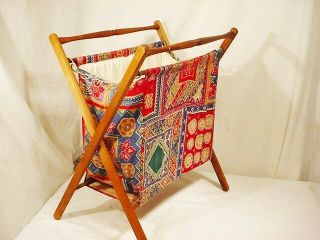 Vtg Lg Folding Wood Frame Basket Caddy Tote Sewing Knitting Yarn Stand Portable