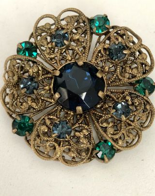 Vintage Czechoslovakia Blue & Green Rhinestone Filigree Flower Pin Brooch