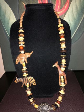 Vintage Safari African Wild Animal Carved Wood Beaded Necklace