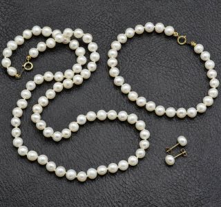 Vintage 14k Yellow Gold Freshwater Pearl Necklace Earrings & Bracelet Set 29.  4 G
