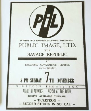 Pil Public Image Ltd Wave Savage Republic Punk Concert Flyer Poster Vtg 45