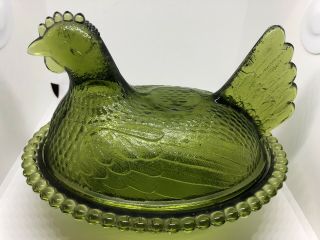 Vintage Olive Indiana Glass Beaded Chicken Hen On Nest Avocado Candy 7 "