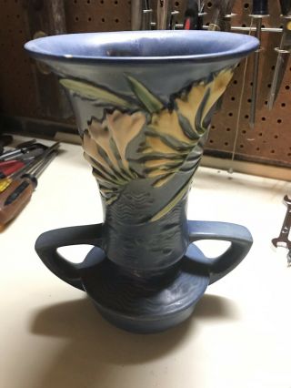 Vintage Roseville Usa Pottery Freesia Blue Double Handle Flower Vase,  124 - 9.
