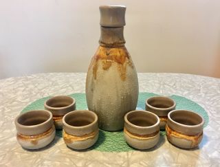 Vintage Laurentian Pottery Canada 7pc Ceramic Tundra Drip Glaze Decanter Set