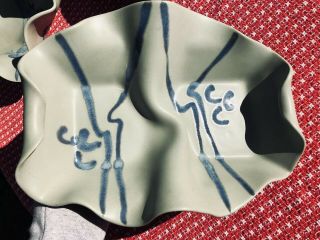 Vtg Hilborn Pinch Pot Pottery Double Serving Dish Bowl Cobalt Blue Drip Glaze