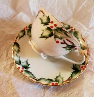 Vintage Lefton China Christmas Tea Cup And Saucer Set Hand Painted Holly Ne1802
