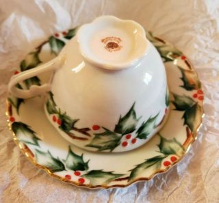 Vintage Lefton China Christmas Tea Cup and Saucer Set Hand Painted Holly NE1802 2