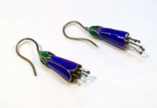 Estate Vtg Chinese Sterling Silver Blue Enamel Fuchsia Flower Pierced Earrings