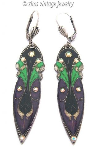 Vintage Art Deco Style Purple Black Green Enamel Silver Wire Dangle Earrings