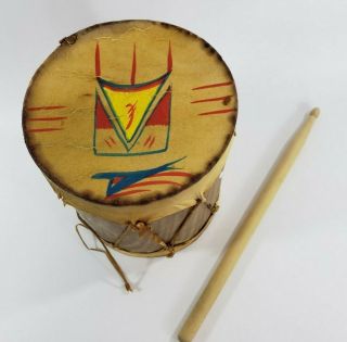Vintage Rawhide Drum & Drum Stick Handmade 7 " X 6 " Native American Indian Decor