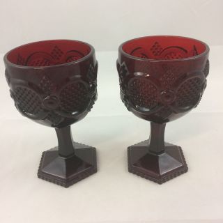 Vintage Set Of 2 Avon 1876 Ruby Red Glass Cape Cod Wine Glass Water Goblets
