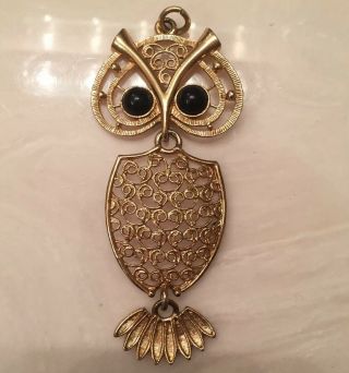 Vintage Large Owl Pendant Sarah Coventry Signed Gold Tone