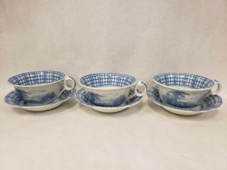 Set Of 3 Vintage Cauldon England Breadalbane White And Blue Flow Cup & Saucer