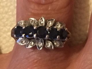 Vintage 925 Sterling Silver Ring Set With 5 Sapphires & 10 Cz Stones