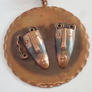 Vintage Mid Century Modernist Rebajes Copper Tribal Mask Pendant Necklace