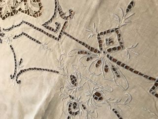 Vintage White & Blue Embroidered Cut Linen Tablecloth,  Bedspread,  Wedding Shower
