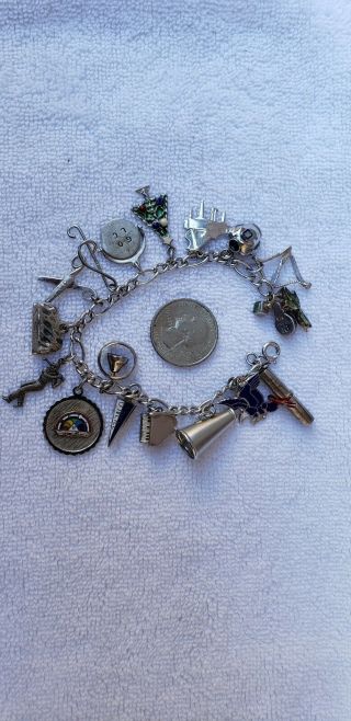 Vintage Sterling Silver 16 Charms Bracelet.  Variety Of Great Charms