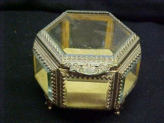 Vintage Gold Ormolu Filagree Beveled Glass Hexagon Jewelry Casket / Coffin Box