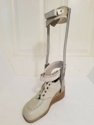 Vintage Prosthetic Steel & Leather Hinged Kafo Leg Brace Below Knee W/ Shoe