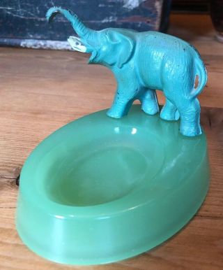 Vintage Jadeite Green Glass Trinket Pin Dish Tray W/ Attached Metal Elephant