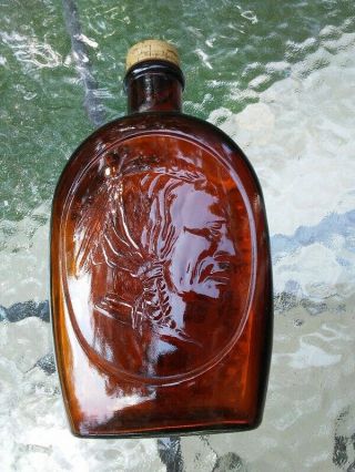 Vtg Embossed Amber Indian Head 8 " Log Cabin Syrup Bottle W/ Faux Cork Cap 1970s