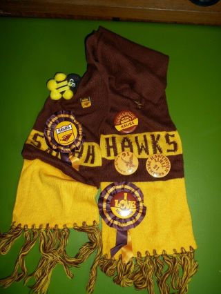 Vintage 80s 90s Hawthorn Hawks Afl Knitted Burley - Sekem Scarf Badges Rosettes