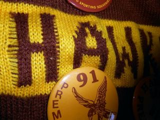 Vintage 80s 90s Hawthorn Hawks AFL Knitted Burley - Sekem Scarf Badges Rosettes 4