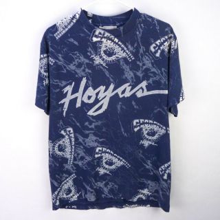 Vintage 90s Hoyas Georgetown University T - Shirt L Main Event All Over Print Blue