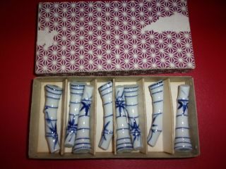 Set Of 8 Vintage Chop Stick Holders Blue & White Porcelain,  Orig Box Japan