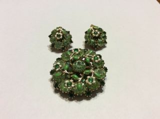 Vintage Weiss Green Crystal Rhinestone Signed Brooch And Earring Set Nos
